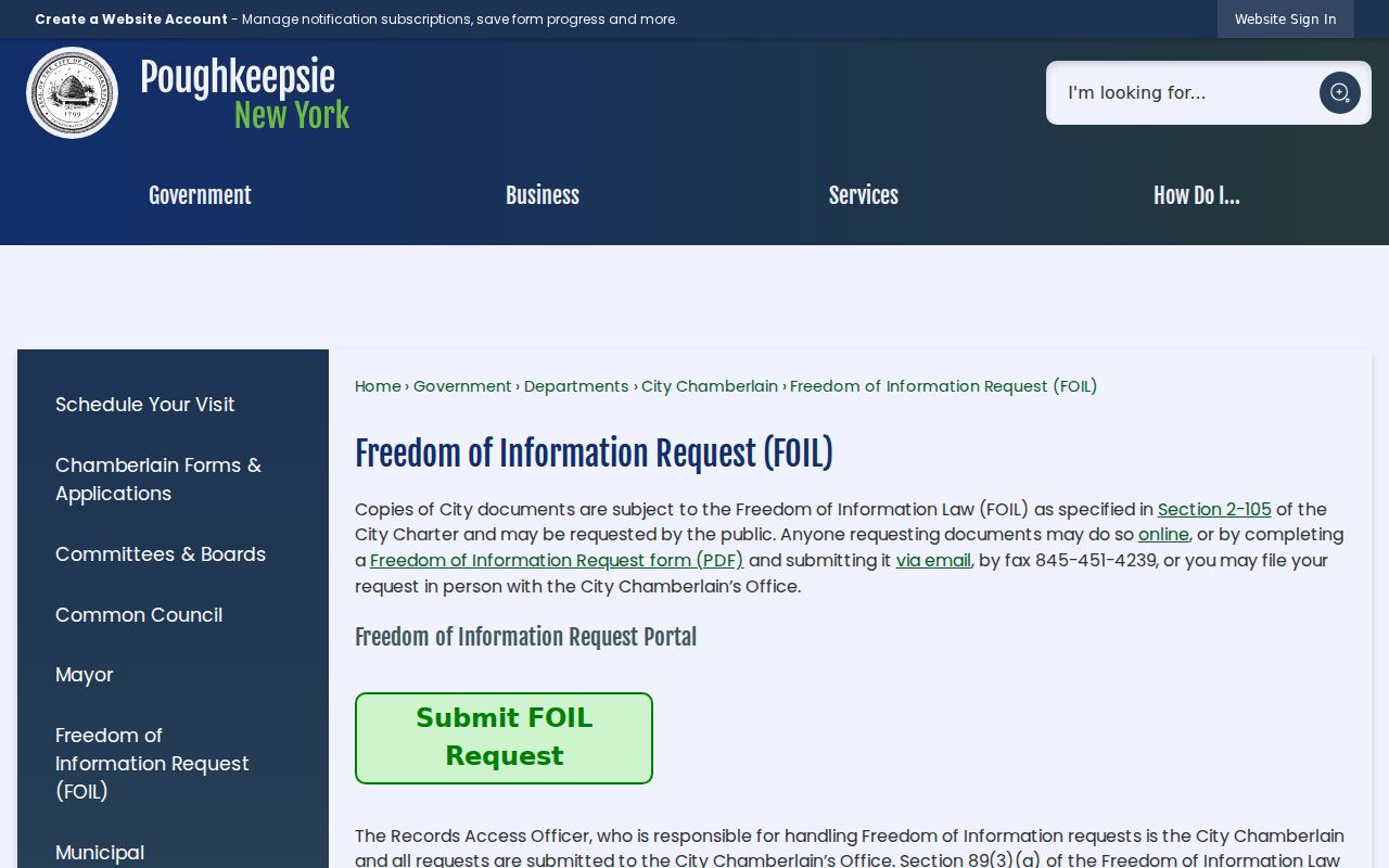 Poughkeepsie residents directory City Freedom of Information Law request page